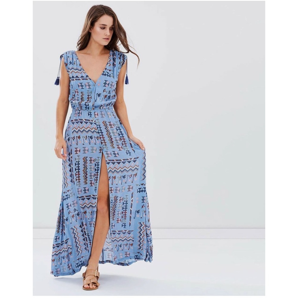 Free People Tigerlilly Aztec Maxi Dress Size 4 Blue Campeche‎ Dress Boho Slit
